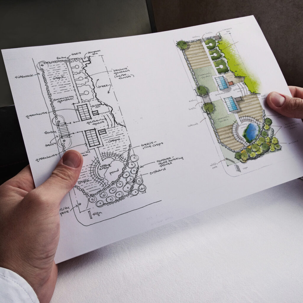 A hand-sketched landscape design featuring native plants and sustainable elements